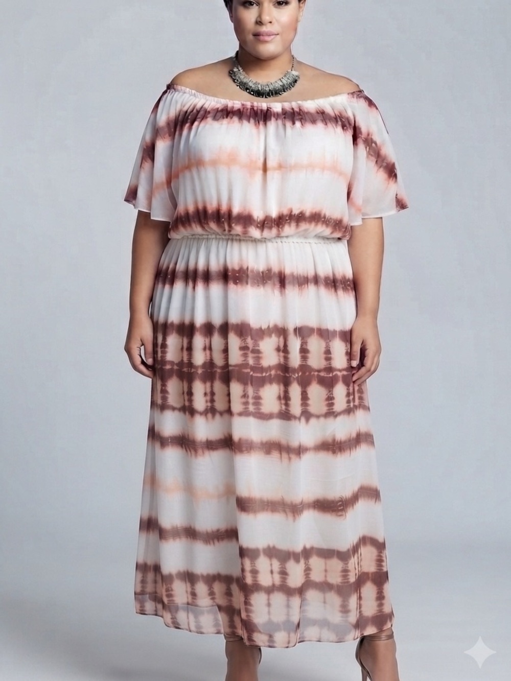 MBLM by Tess Holliday Tie-Dye Off-Shoulder Maxi Dress Peach & Burgundy est. 5X